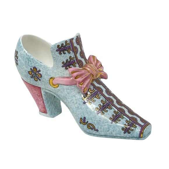 Halcyon Days 1994 Porcelain Shoe – Blue & Pink with Gold Accents (Collectible) - Picture 1 of 8